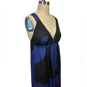 MINT Silk and Linen Women’s Blue/Black Low cut V neck Maxi Dress Racerback sz 8
